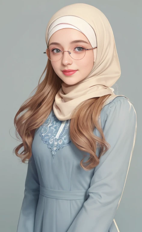 Portrait of a 23 years old beautiful woman wearing a hijab, glasses and a longsleeved long modest dress, calm smile, blue eyes, freckles.