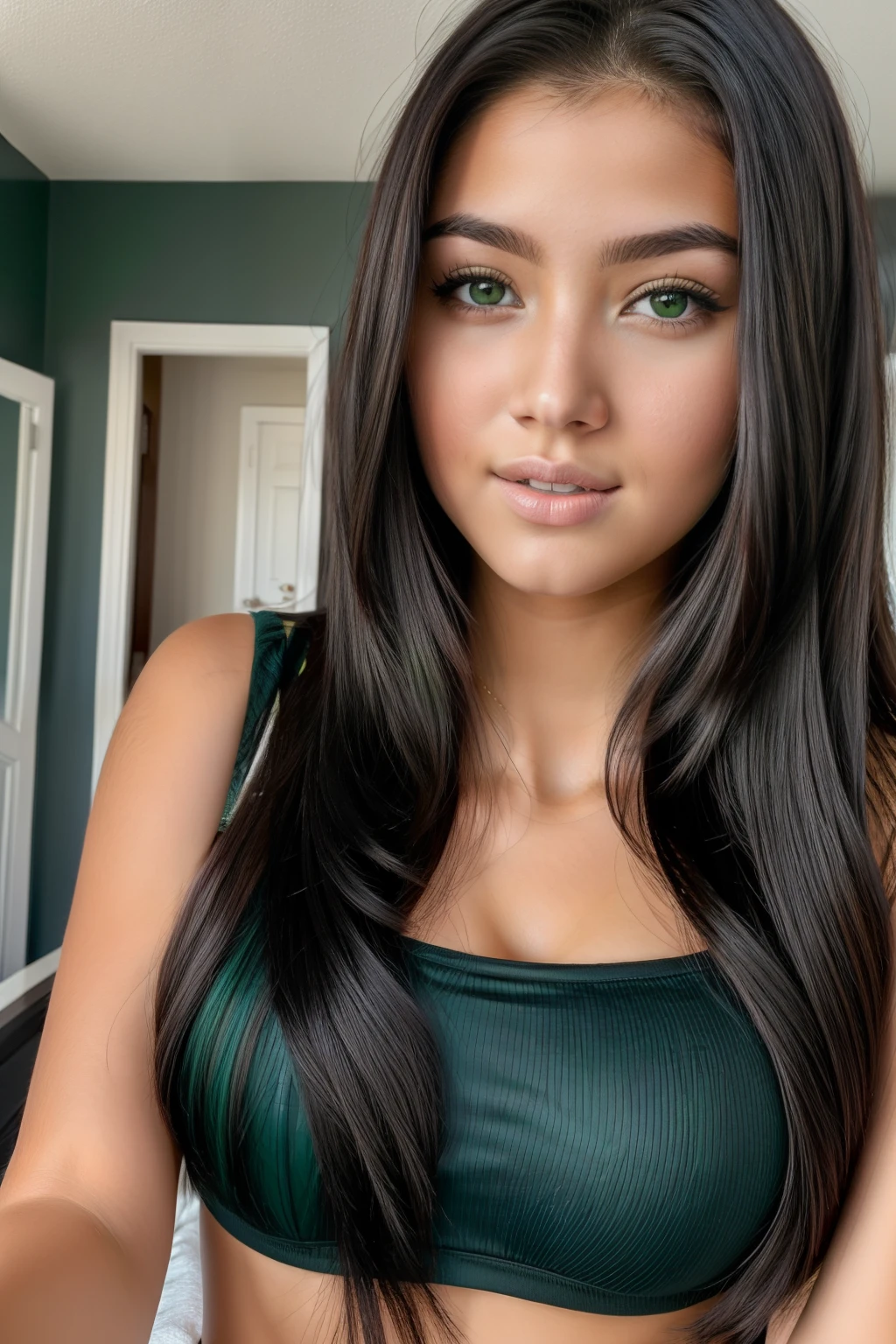 In Stefanie_Collins, Mirror pic of teenage girl. black hair and green straight hair. hyper realistic, ultra resolution