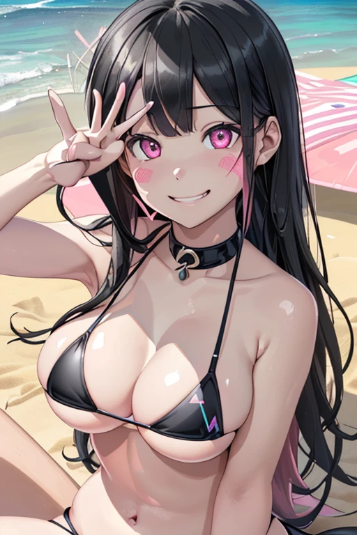 ((masterpiece、top-quality:1.5、a high chroma:1.5、ultra-detailliert、high-resolution illustrations:1.5、Ultra-high-definition CG、8k size wallpaper、offcial art))、,(cute face:1.5)、(grin:1.3),((touch your cheek with ((double peace sign)):1.5)),
((Shining pink eyes:1.5))、((micro bikini :1.5)),((metallic black:1.5)),(erotic oil skin:1.5),(), ((large breasts:1.3))、
,(positive:1.5),(upper body:1.5)、(midsummer beach.:1.5)、(sitting on the beach:1.5),girl with, masutepiece,(accurate peace sign:1.5)
