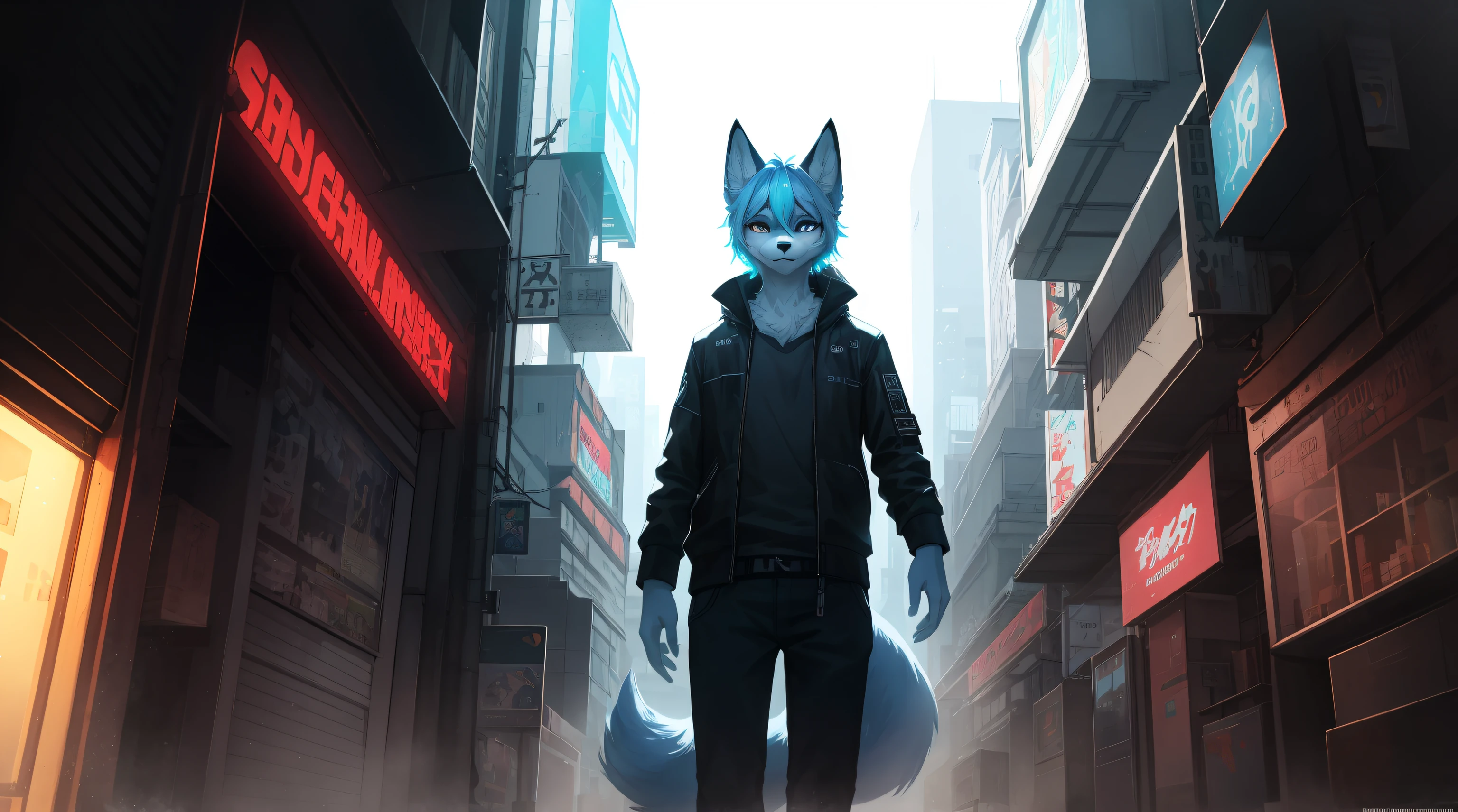 Cyberpunk fox, Beautiful light and shadow on handsome face with light blue hair、ambient light、Ultra-fine fur、Volumetric light is very detailed，Finest quality furry art