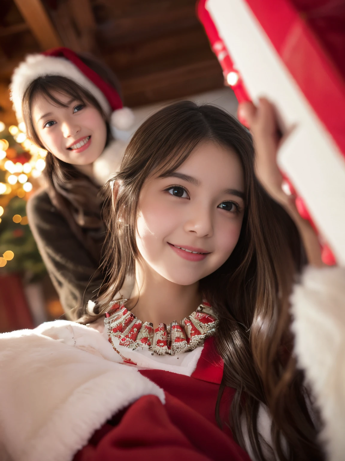 (Best Quality,Photorealistic,hight resolution),2girls,Beautiful detailed eyes,Beautiful detailed lips,Smiling,Laughing,Cute,Christmas Eve,Happy,having fun,Winters,Joyful,excited,Twinkling lights,Decorated Christmas Tree,clew,cosy atmosphere,Warm fireplace,magical moments,sparkling stars,Glowing candles,snowflakes falling,ground covered with soft snow,colorful holiday decorations,red and green colors,Elegant dresses,Fluffy scarves,Happy memories,cherish sisterhood,love and laughter、16-year-old sisters、a baby face、childish、Looking at the camera、Present Box、.look like a real face