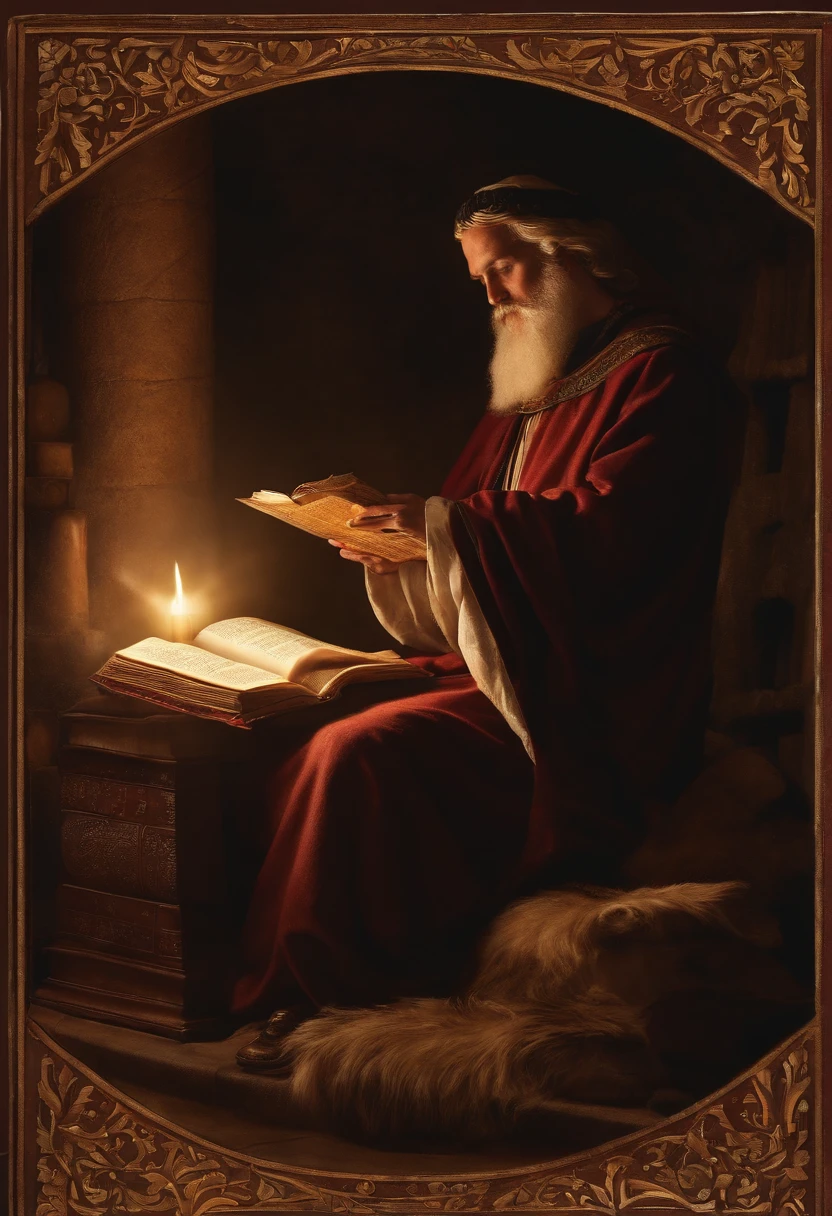 A photo of the character calmly reading from a beautifully illuminated manuscript,original,The Bible itself, male