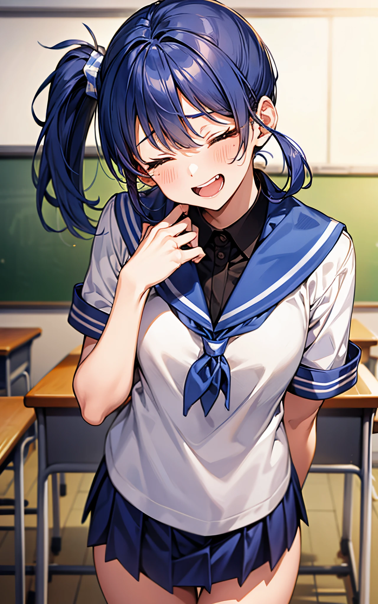 ‎Classroom、Perfect human body、She is wearing a high school uniform、Blue ponytail、cute little、close your eyes and laugh、tusk、a lively laugh