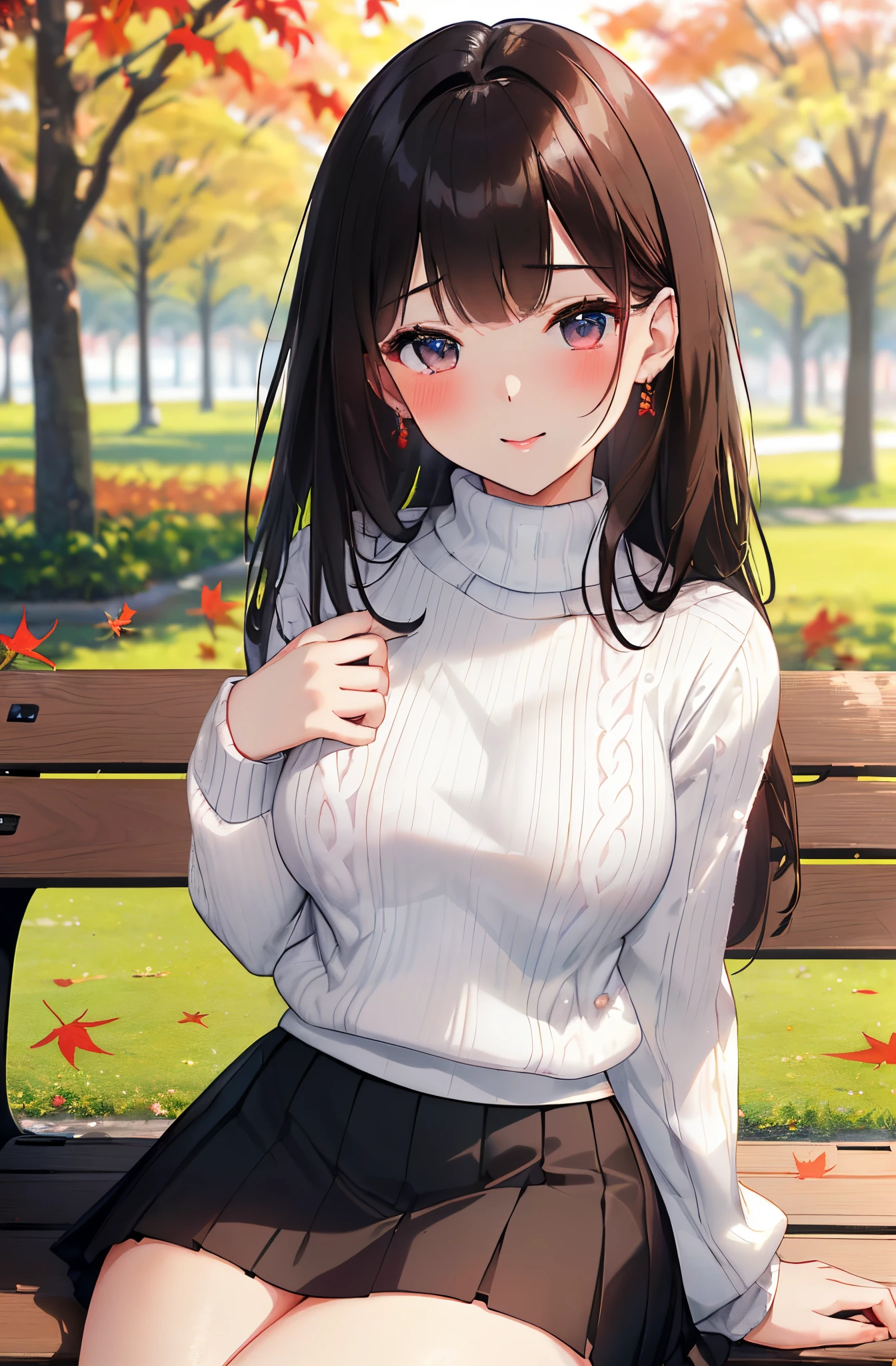 top-quality、masterpiece、ultra-detailliert、The ultra -The high-definition、(1 adult female:1.3)、(Soft bust:1.2)、Small face、(Sitting on a bench)、(White knitwear:1.2)、(a black skirt)、thighs thighs thighs thighs、(White highlights of the pupil:1.2)、azure eyes、(A dark-haired)、(Look at viewers:1.2)、(de pele branca)、Textured skin、mouth closes、(A slight smil)、red blush、(beautiful park in autumn)、(Avoid the background around the upper body:1.3)、(Blur the background a lot to make the woman stand out:1.3)、beautiful winter flowers