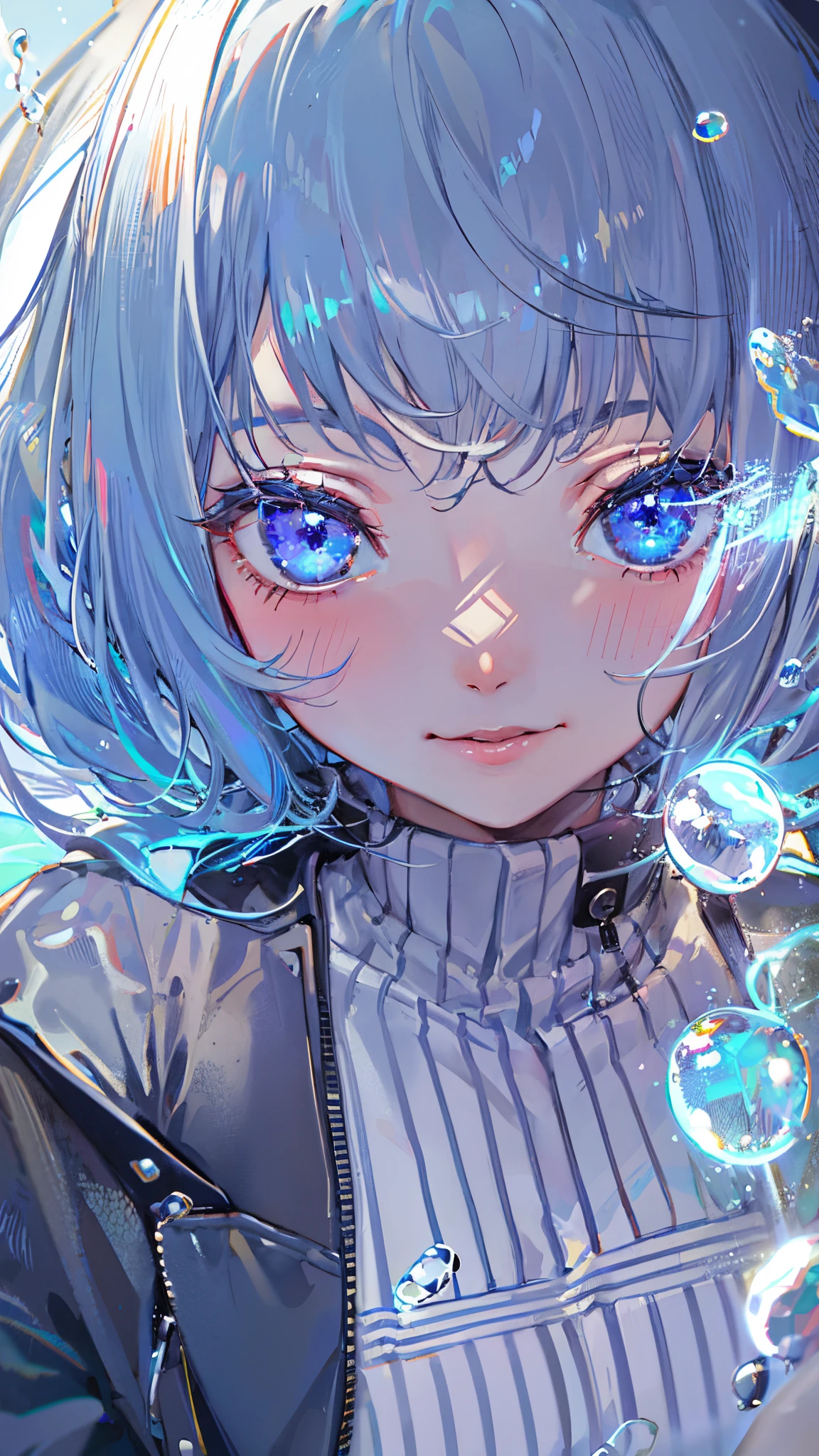 ((top-quality)), ((​masterpiece)), ((ultra-detailliert)), (Extremely delicate and beautiful), girl with, 独奏, cold attitude,((Black jacket)),She is very(relax)with  the(Settled down)Looks,depth of fields,Evil smile,Bubble, under the water, Air bubble,Underwater world bright light blue eyes,inner color with bright gray hair and light blue tips,,,,,,,,,,,,,,,,,Cold background,Bob Hair - Linear Art, shortpants、knee high socks、White uniform like school uniform、Light blue ribbon ties、Clothes are sheer、Hands in pockets、Bright eyes like sapphire,Fronllesse Blue, A small blue light was floating、fantastic eyes、selfy,Self-shot