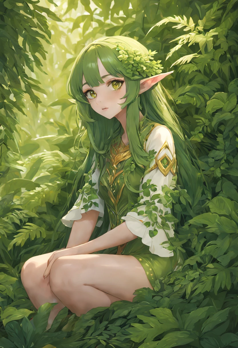 8K, Best quality at best, tmasterpiece, 超高分辨率,((plant elf girl,Super exquisite,Super complicated,Covered with vines)),Surrounded by super mini ferns,Beautifully distinct light and shadow,light green white tone,glowing golden eyes,fern,Beautiful Eyes and Face Details, ((Sitting on the side kneeling,Looking up from the side silently looking into the distance)),extremely high quality,Unique aesthetic creativity,Artful tranquility