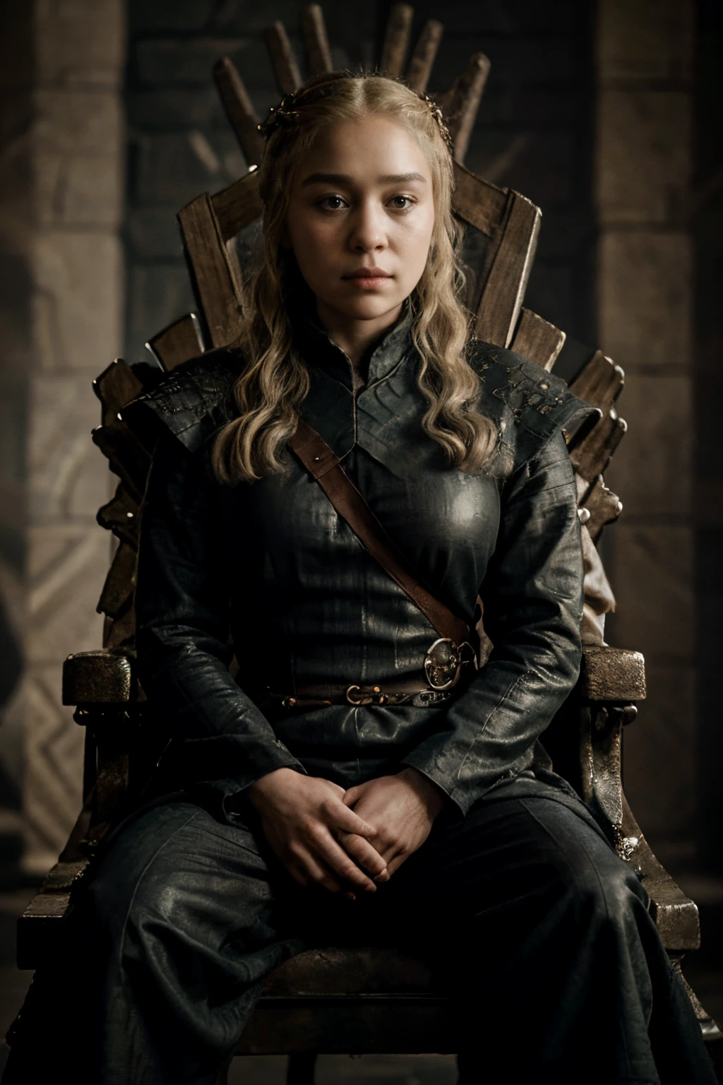 game of thrones , queen sitting on iron throne, facing front, serious look, wearing gown, shot taken from a little far