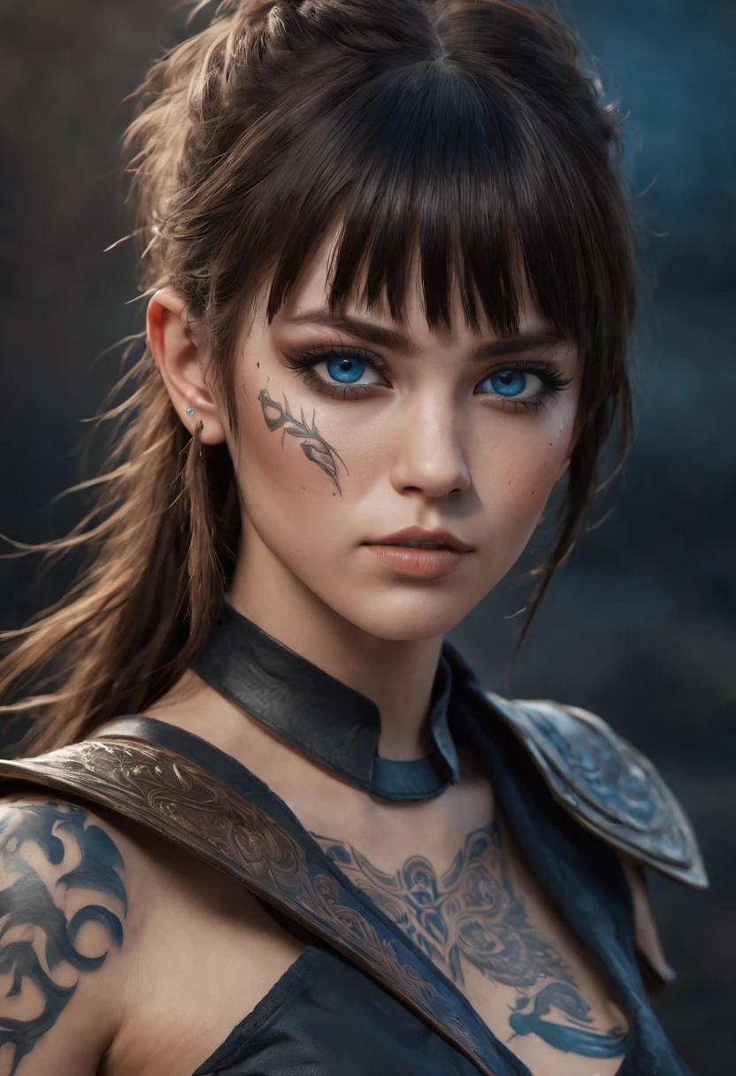 realistic photo wild young 1woman, warrior face tattoo, super realistic, sharpened details, ultra detail, detailed skin, blue sharpened eyes, detailed brunette with bangs, movie, piercing, intricate details, (gorgeous face:1. 2), Masterpiece, Dragon Horn, ((Full Body)),