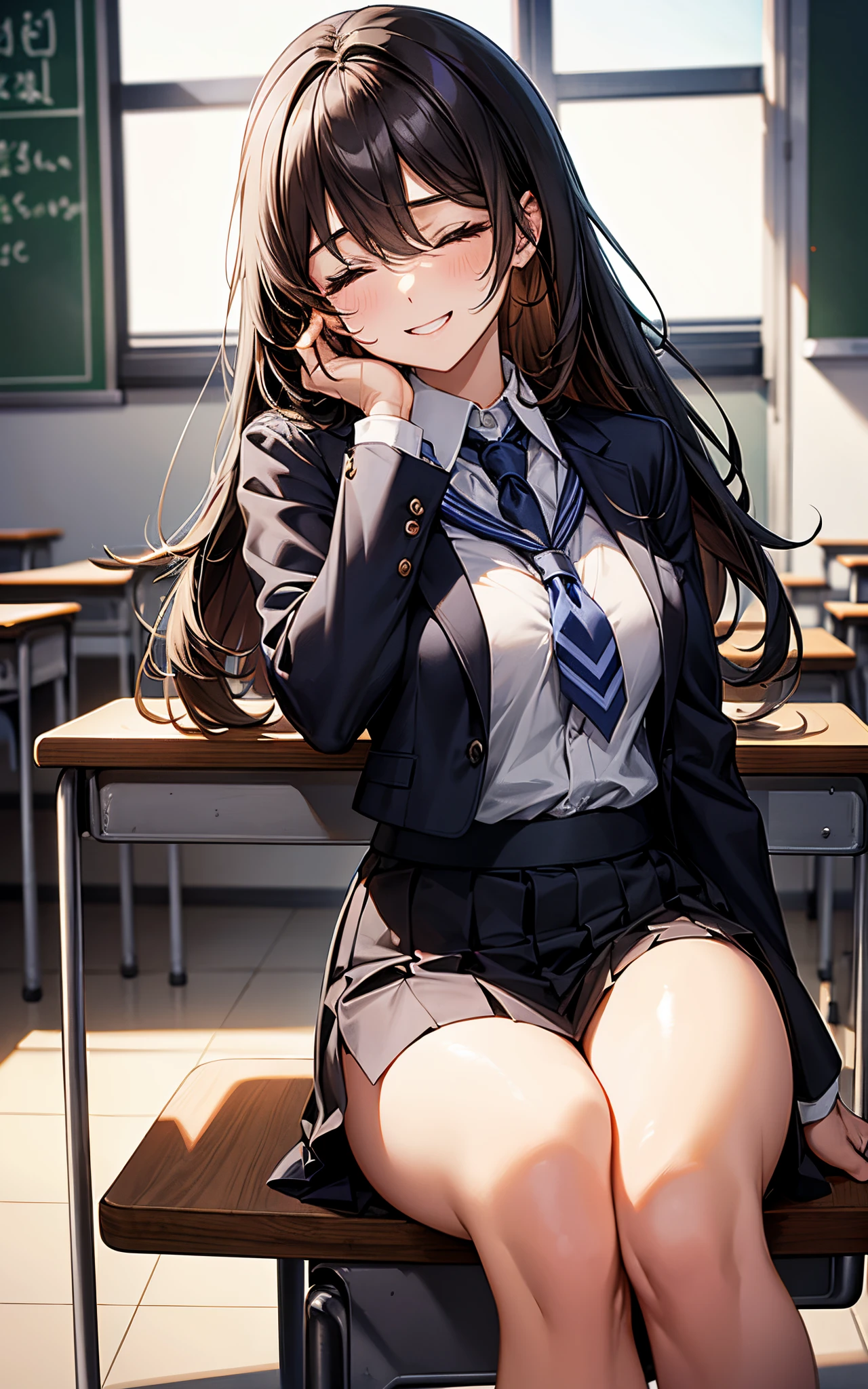 ‎Classroom、Perfect human body、She is wearing a high school uniform、cabelos preto e longos、Beautiful fece、close your eyes and laugh