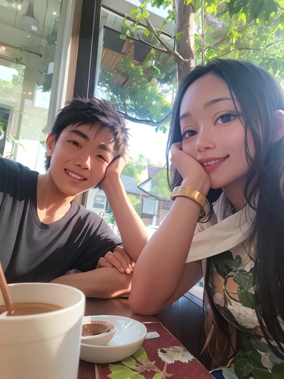 there are two people sitting at a table with a cup of coffee, with ivy, with her long, in a coffee shop, sitting in a cafe, tyler edlin and natasha tan, ruan jia and brom, taken with the best dlsr camera, non blurry, with wart, # oc, #oc, slightly smiling, low quality photo, very slightly smiling