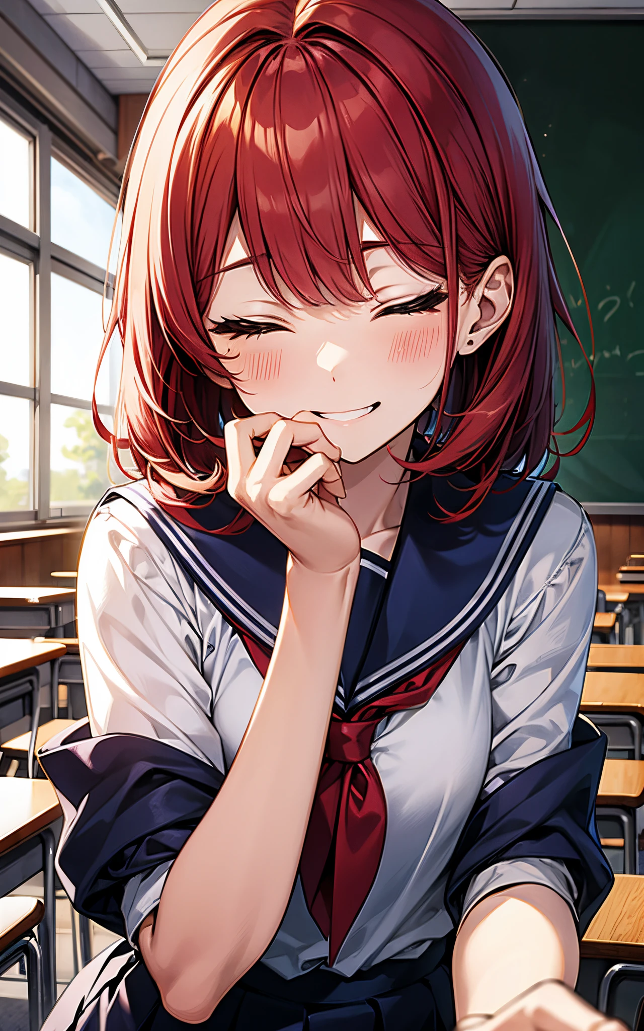Classroom、Perfect human body、She is wearing a high school uniform、red hairs、ren、close your eyes and laugh
