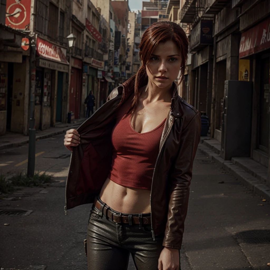 Claire redfield .chaqueta roja. Cuerpo entero. En las calles de racoon city. Con las calles del infetadas de muertos vivientes.