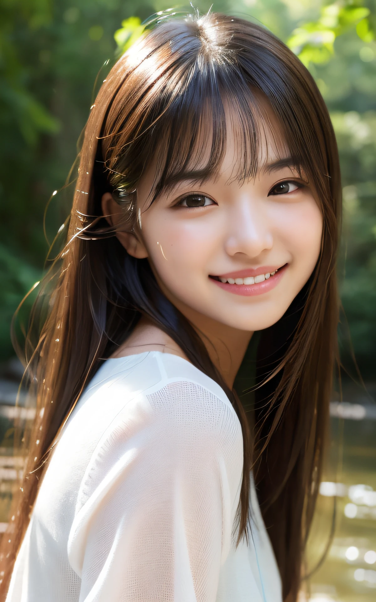 (Photo Real:1.4), (hyper realisitic:1.4), (Smooth lighting:1.05), 1 girl, (mournful smile:1.4), Mouth slightly open, Neat and clean beauty, 22 years old, Soft lighting, Back lighting, (cheerfulness:1.2), (Finest Real Textured Skins), Narrow-eyed, Super fine face, glowy skin, retinas, Anatomically correct, acurate, Super Detail, Textured skin, High quality, high details, Best Quality, High resolution,Morning forest with clear water flowing through it, Medium hair swaying in the wind, Bangs, Blouse