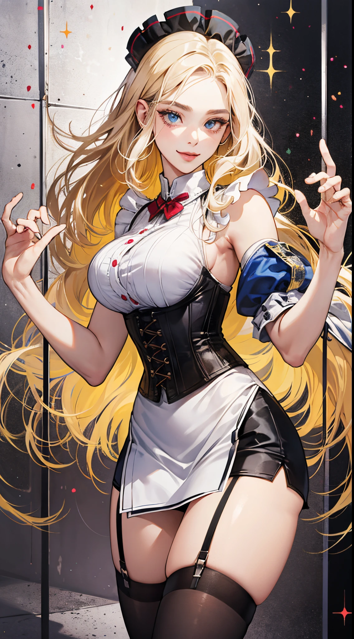 top-quality、realistic touch,high-detail、photoRealstic、Long body、captive beauty、big eye、Colossal tits、Strong platinum blonde eyelashes、platinum-blond、full body Esbian、Sparkling eyes、Submissive smile、Flushed cheeks、Kamimei、thin-waist、Voluptuous thighs、Enraptured look、Raked bangs、The forehead is protruding、Tight maid uniform、thigh-high socks、sleeveless、Tight skirt with a large slit、A corset that emphasizes your breasts、Shoulder straps integrated with corset、Big sexy hip、He has his hands on the wall and sticks his butt out in this direction.