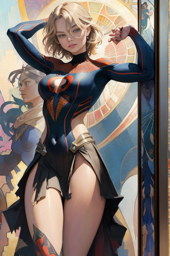 Alex Kingston、Sticking out the navel、newyork、She wears a torn Spider-Man suit,wearing skirt、abstract photorealistic、artistic、Alphonse Mucha's painting(masterpiece、top-quality、hight resolution:1.4)、detaileds、intricate-detail、4K、color splashes、line-drawing、Fibonacci、