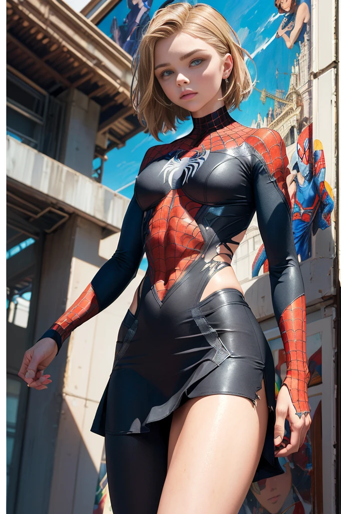 chloë grace moretz、Sticking out the navel、newyork、She wears a torn Spider-Man suit,wearing skirt、abstract photorealistic、artistic、Alphonse Mucha's painting(masterpiece、top-quality、hight resolution:1.4)、detaileds、intricate-detail、4K、color splashes、line-drawing、Fibonacci、