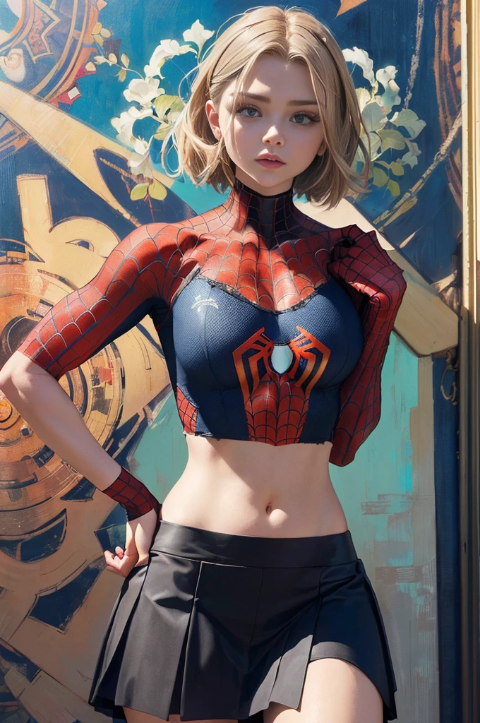 a young woman,sexy,detailed,beautiful blue eyes,stunning blonde hair,braided hair, red highlights, seductive spider man leather outfit, full body focus,photorealistic,masterpiece,8k,ultra-detailed,hyperrealistic,chiaroscuro lighting,cinematic,dramatic lighting,warm color palette,captivating gaze