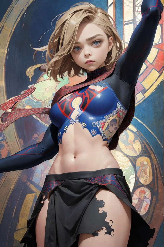 chloë grace moretz、Sticking out the navel、newyork、She wears a torn Spider-Man suit,wearing skirt、abstract photorealistic、artistic、Alphonse Mucha's painting(masterpiece、top-quality、hight resolution:1.4)、detaileds、intricate-detail、4K、color splashes、line-drawing、Fibonacci、