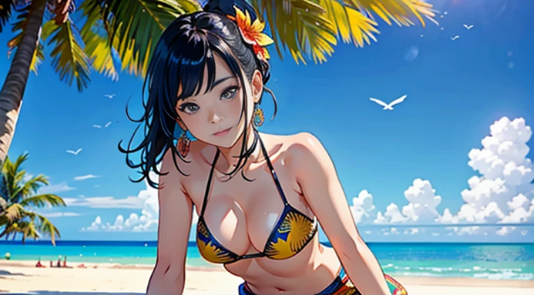 ​masterpiece、top-quality、超A high resolution、 [ 4 k digital art ]!!、 8k high quality detailed art、Wallpaper、 Detailed Digital Anime Art、Realisticity、Cinema Angle、hposing Gravure Idol、((Two beautiful girls))、cute  face、 ((Detailed depiction of a beautiful face))、kindly smile、年轻、Bikini swimwear、Photorealistic perfect body、(Bold ethnic patterns wrapped around the waist and skirt and plenty of primary colors)、light Particle、llight rays、Tropical、Against the background of palm trees、beach side、on a sunny beach、Against the background of the sea、blur backgroun、