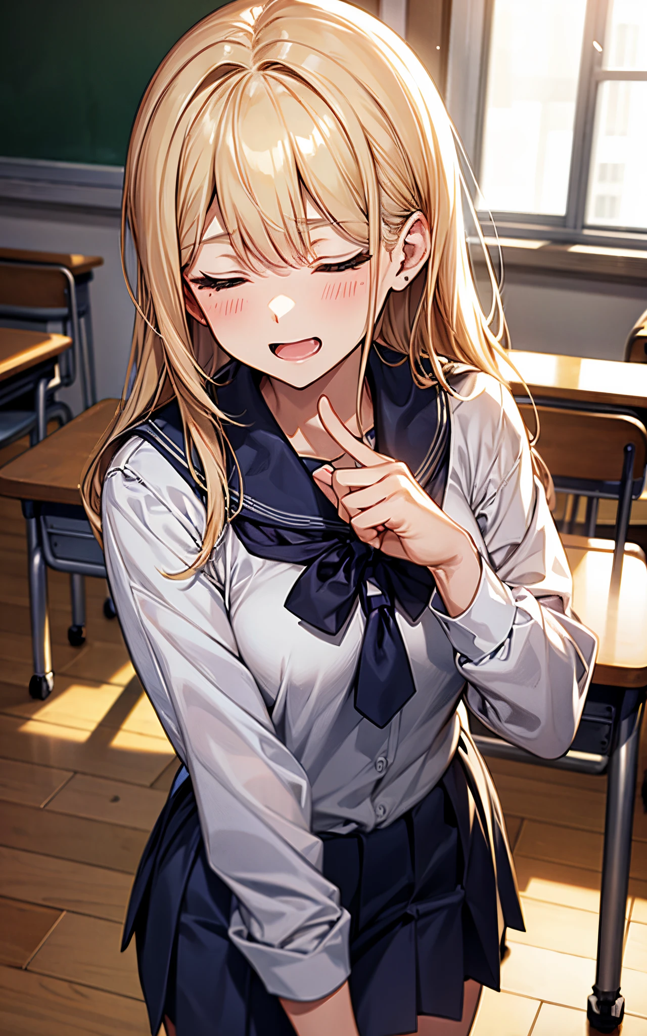 Highest品質、Highest1people girl,high quality,A be familiar withed face、A be familiar withed eye、be familiar with nose、be familiar with mouth、 beautiful expression, ((Masseter muscle part)), ((High resolution)), ((Highest品質)), be familiar with, (NSFW:1.4 ,how、excited face.I'I'm very happy,), ((Skin shiny with sweat)), (school uniform:1.2、loose socks)、 with a girl, blonde, (half twin tail)、Please man sit and spread your legs:1.3、pure white skin:1.3、、, cinematic lighting, completely in the shade,(((classroom))), Realistic lighting with shades,show your whole body、A man thrusts his penis up from below.、no_pantiey penis is stuck))