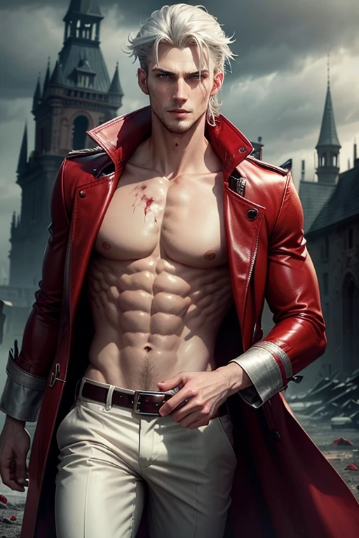 Very handsome, Slim, male body,Sickly pale smile, Detailed body, Wear a red trench coat, blood spatter, Silvery hair,Evil charm,Ancient spooky castle in the background,