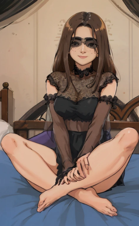 a 23 years old brunette woman wearing a black sleepmask as a blindfold and a black spaghetti top,  calm smile, freckles, sitting barefoot legs crossed in a bed.
