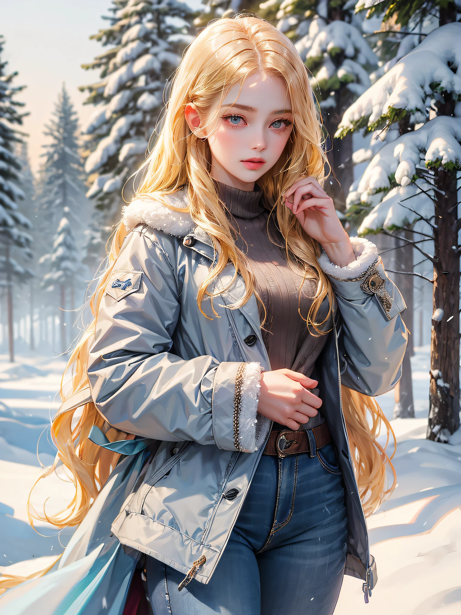 Delated the coat. She has long blonde hair