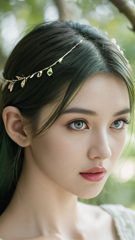 beautiful plant girl，Tree God，Green hair，There are branches and leaves on the head，Face is clear and delicate，(closeup of face)，((Bust photo))，wearing leaf clothes，The background is forest，tmasterpiece，Lighting