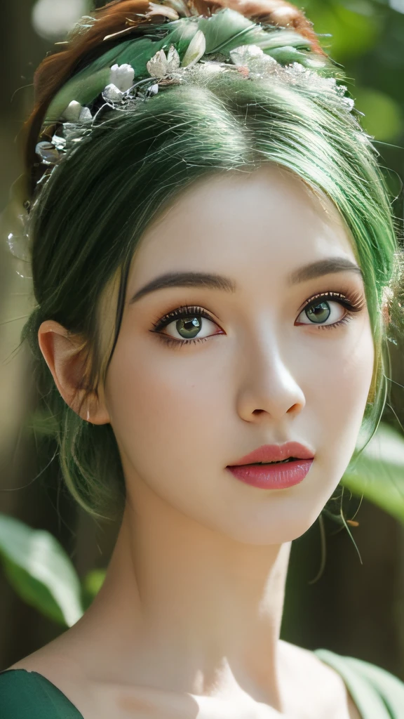 beautiful plant girl，Tree God，Green hair，There are branches and leaves on the head，Face is clear and delicate，(closeup of face)，((Bust photo))，wearing leaf clothes，The background is forest，tmasterpiece，Lighting