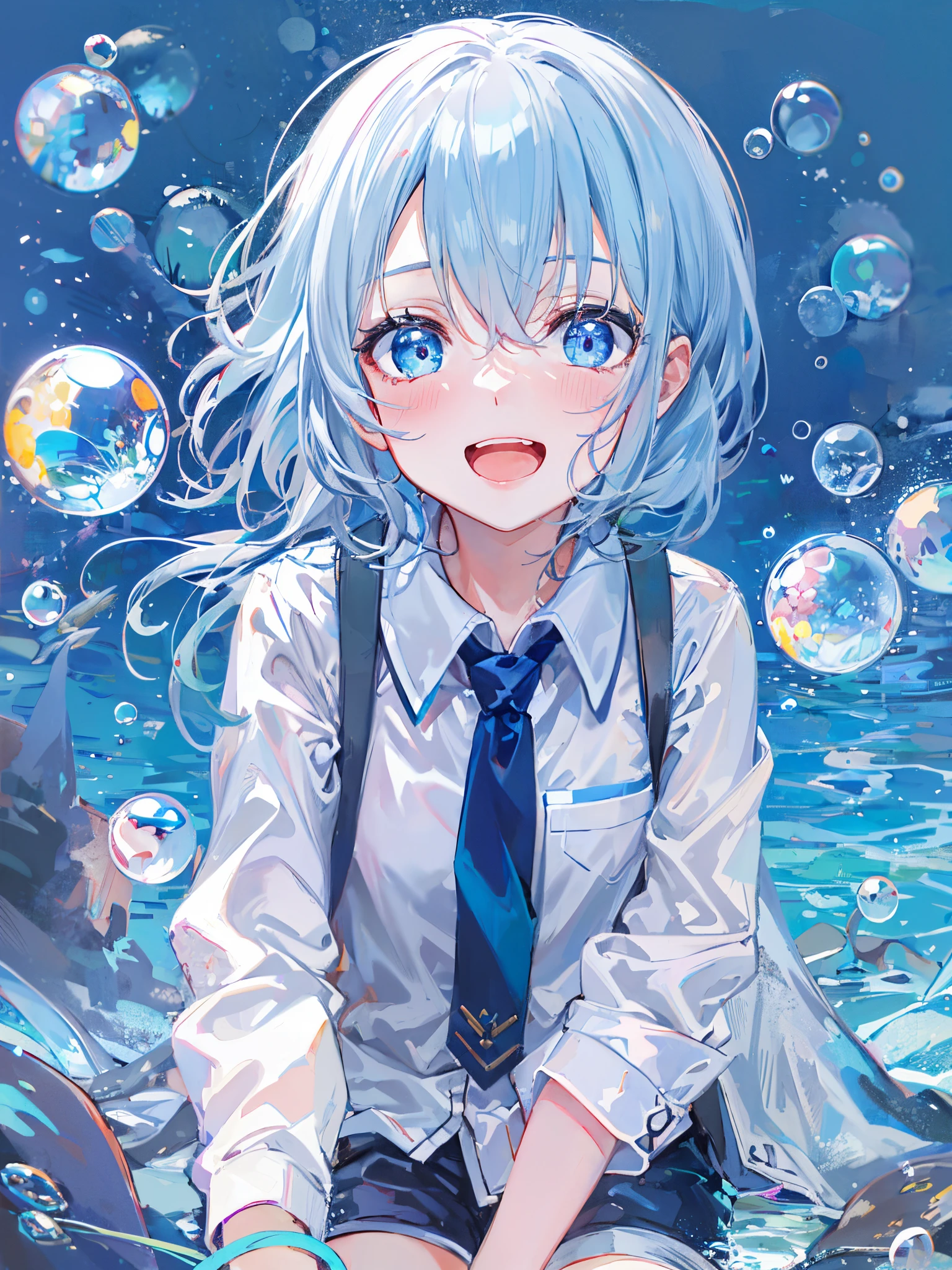 ((top-quality)), ((​masterpiece)), ((ultra-detailliert)), (Extremely delicate and beautiful), girl with, 独奏, cold attitude,((Black jacket)),She is very(relax)with  the(Settled down)Looks,depth of fields,Evil smile,Bubble, under the water, Air bubble,Underwater world bright light blue eyes,inner color with bright gray hair and light blue tips,,,,,,,,,,,,,,,,,Cold background,Bob Hair - Linear Art, shortpants、knee high socks、White uniform like school uniform、Light blue ribbon ties、Clothes are sheer、Hands in pockets、Bright eyes like sapphire,Fronllesse Blue, A small blue light was floating、fantastic eyes、selfy,Self-shot