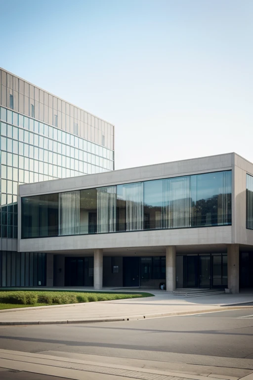 modern architecture, pavilion, art museum, windows, two floors, seeing from the outside, rect lines, in the middle of two buildings