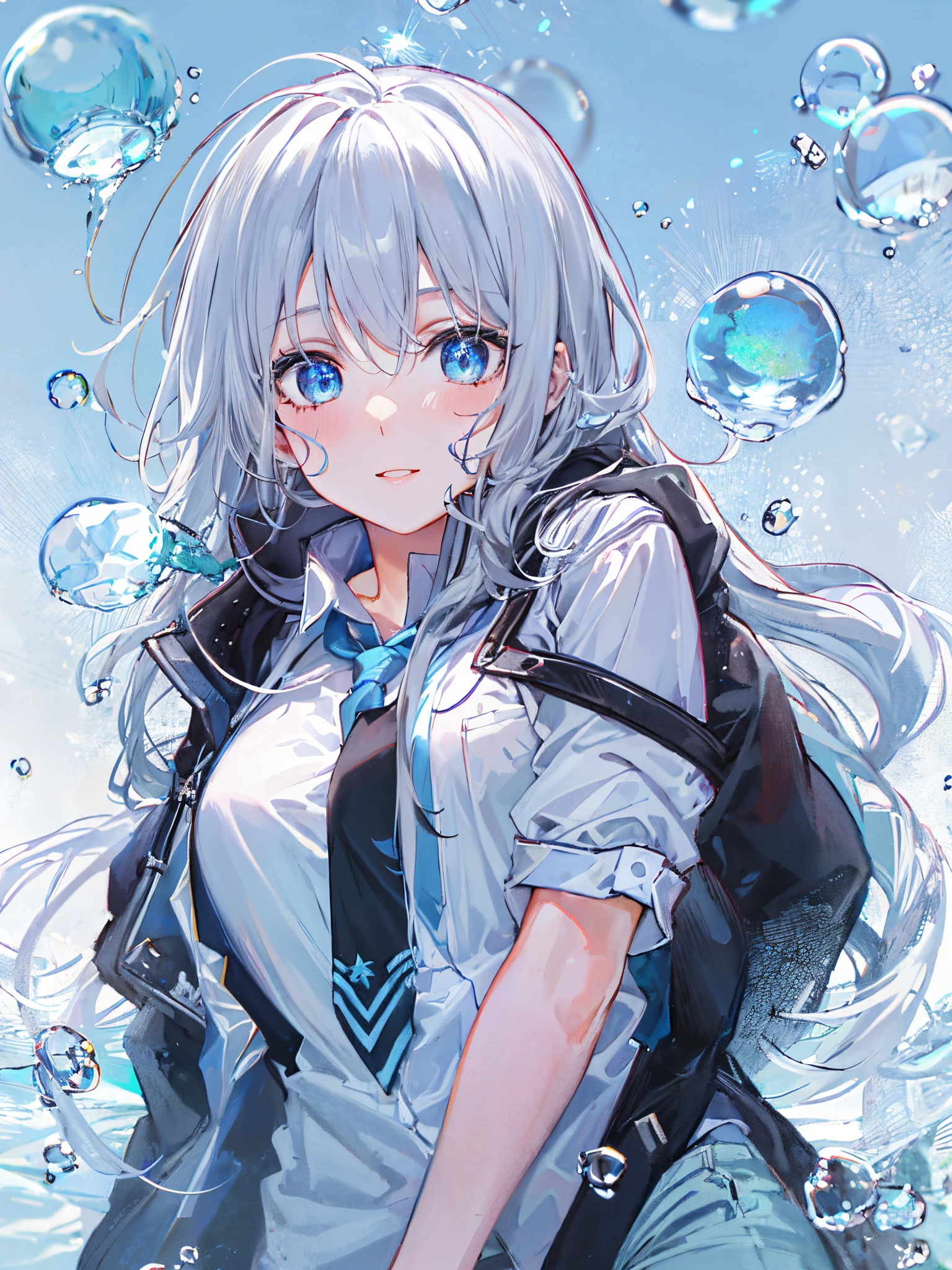 ((top-quality)), ((​masterpiece)), ((ultra-detailliert)), (Extremely delicate and beautiful), girl with, 独奏, cold attitude,((Black jacket)),She is very(relax)with  the(Settled down)Looks,depth of fields,Evil smile,Bubble, under the water, Air bubble,Underwater world bright light blue eyes,inner color with bright gray hair and light blue tips,,,,,,,,,,,,,,,,,Cold background,Bob Hair - Linear Art, shortpants、knee high socks、White uniform like school uniform、Light blue ribbon ties、Clothes are sheer、Hands in pockets、Bright eyes like sapphire,Fronllesse Blue, A small blue light was floating、fantastic eyes、selfy,Self-shot