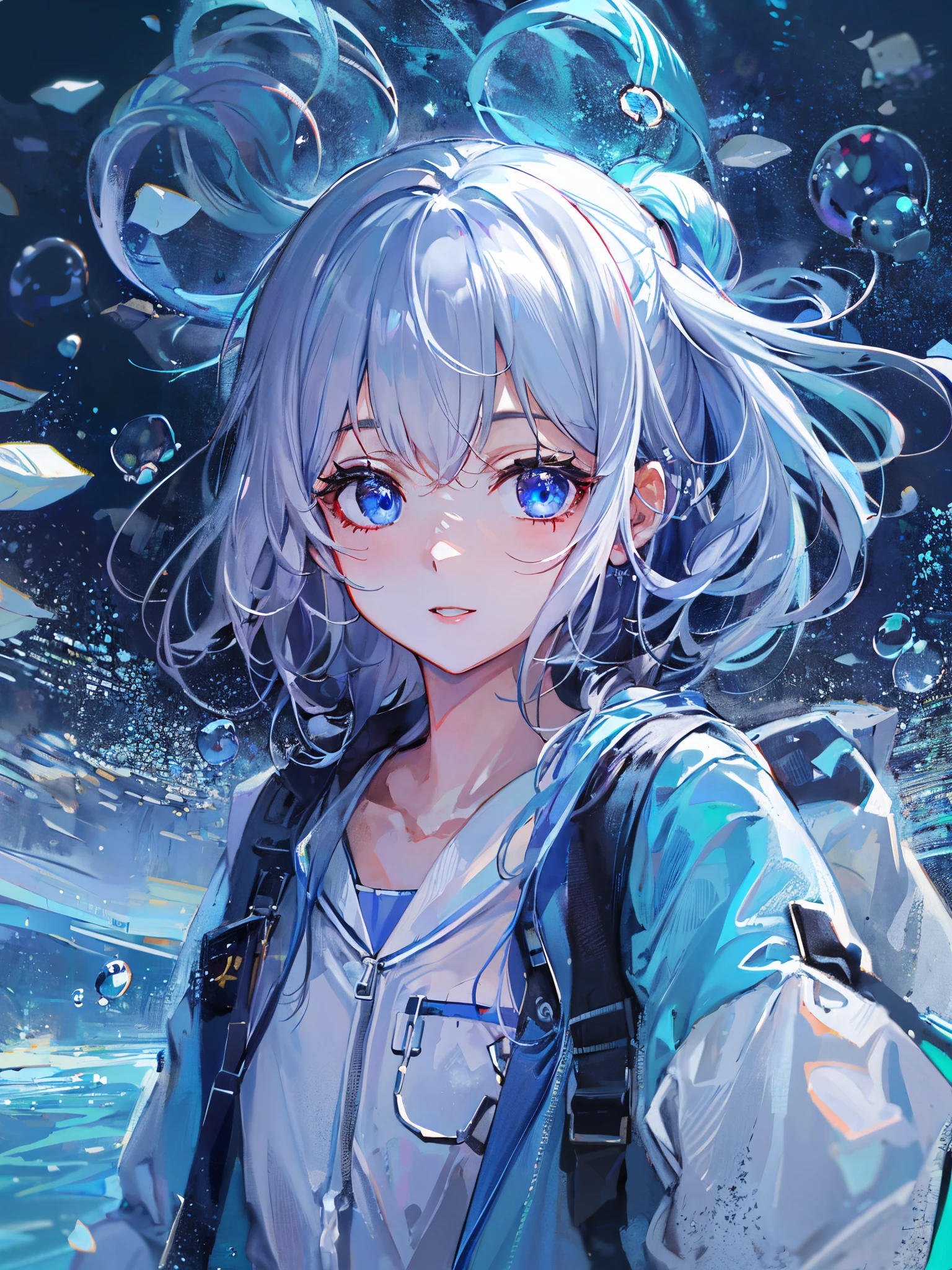 ((top-quality)), ((masterpiece)), ((ultra-detailliert)), (Extremely delicate and beautiful), girl with, 独奏, cold attitude,((Black jacket)),She is very(relax)with the(Settled down)Looks,depth of fields,Evil smile,Bubble, under the water, Air bubble,Underwater world bright light blue eyes,inner color with bright gray hair and light blue tips,,,,,,,,,,,,,,,,,Cold background,Bob Hair - Linear Art, shortpants、knee high socks、White uniform like school uniform、Light blue ribbon ties、Clothes are sheer、Hands in pockets、Bright eyes like sapphire,Fronllesse Blue, A small blue light was floating、fantastic eyes、selfy,Self-shot