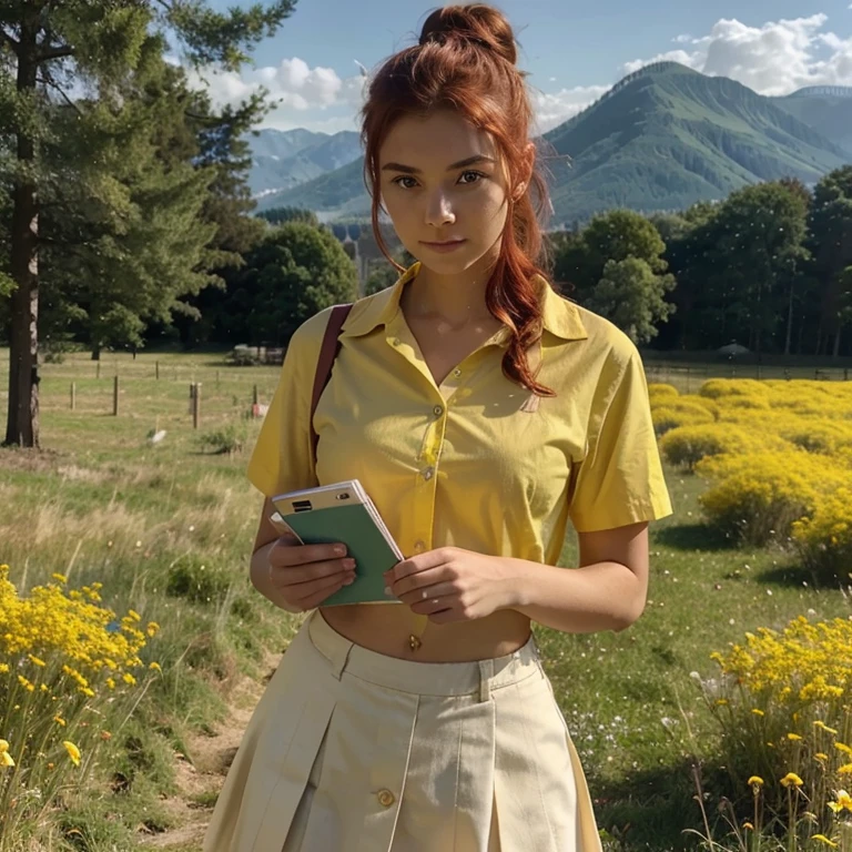 1girl, pretty face, 18 years old, red hair, hair in a bun, hair very neat, yellow shirt, bright yellow button-down top, school girl brown skirt, brown skirt BREAK standing, holding book, open meadow, forest, mountains in background