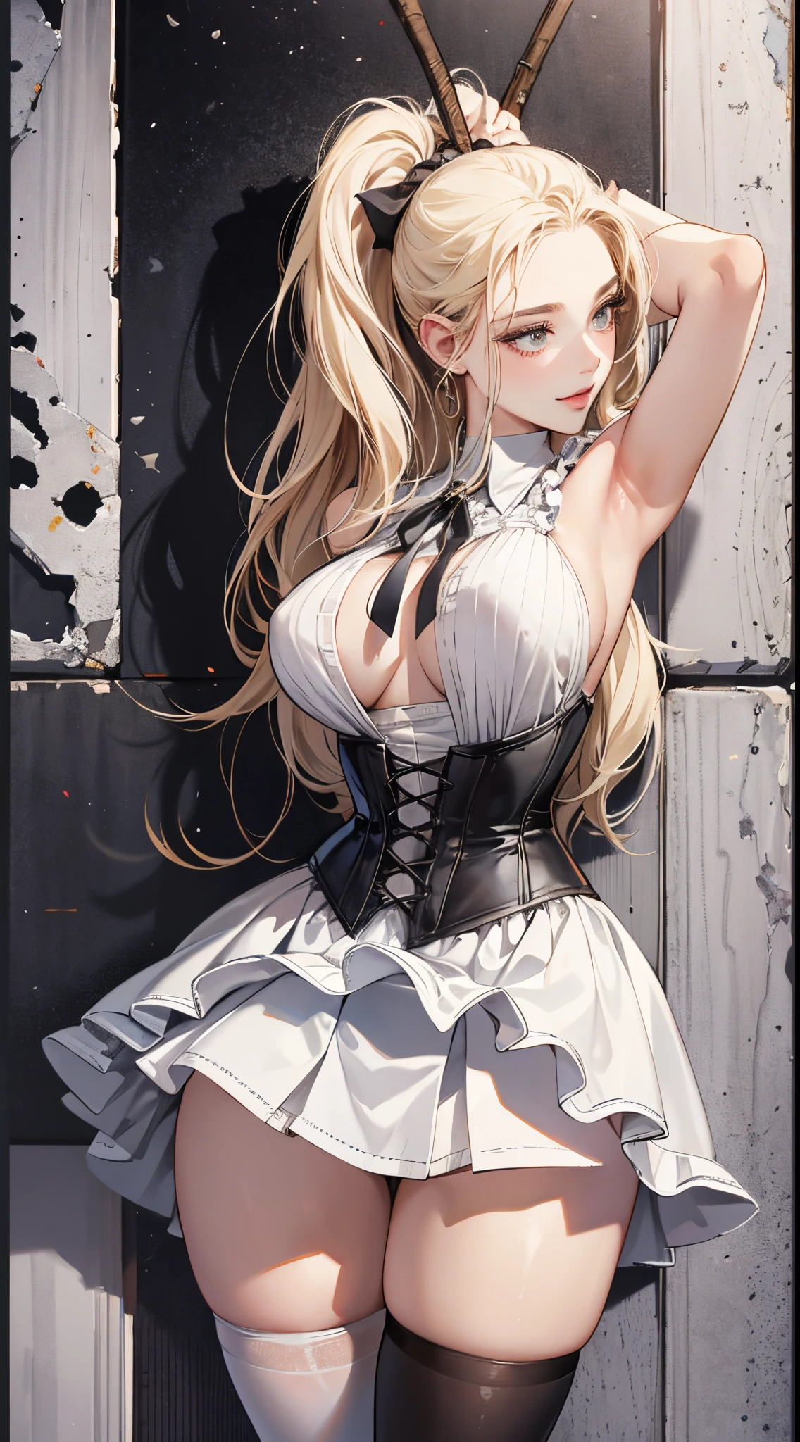 top-quality、realistic touch,high-detail、photoRealstic、Long body、captive beauty、big eye、Colossal tits、Strong platinum blonde eyelashes、platinum-blond、full body Esbian、Sparkling eyes、Submissive smile、Flushed cheeks、Kamimei、thin-waist、Voluptuous thighs、Enraptured look、Raked bangs、The forehead is protruding、Tight maid uniform、thigh-high socks、sleeveless、Tight skirt with a large slit、A corset that emphasizes your breasts、Shoulder straps integrated with corset、Big sexy hip、He has his hands on the wall and sticks his butt out in this direction.