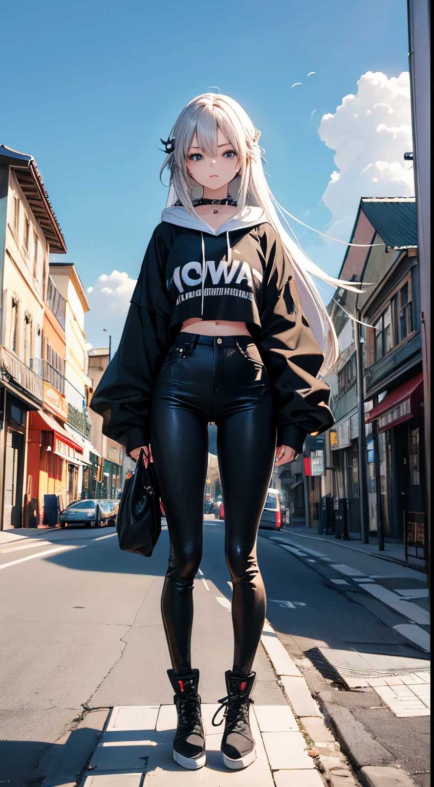 a 18 year old girl, 1girl in, Anime style, skinny body, Anime young girl wearing crop top black hoodie, white skinny jeans pants, blue long hair with hair clip, Green eye color, Posed photos of her cute poses, Straight down the street of the tower, Anime Art Wallpapers, Plump, plump waist、long legged、boots、8K, Ultra-high-definition animation image quality