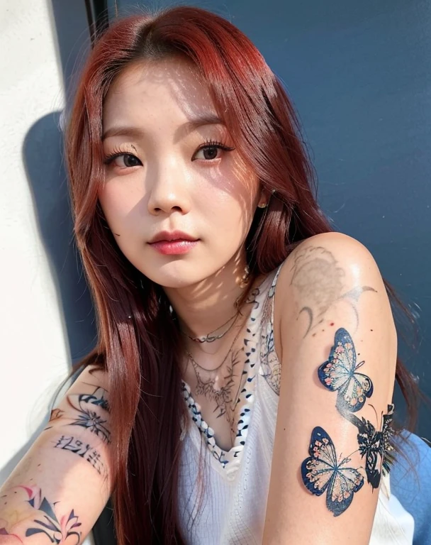 Close-up of a woman with a tattoo on her arm, Cute aesthetic with flutter, ulzzang, Taiwanese girl with tattoos, jinyoung shin, Josie from Blackpink, With tattoos, Very core, jaeyeon nam, With face tattoo, They will finish grilling, With long hair and piercing eyes, popular south korean makeup, beautiful south korean woman