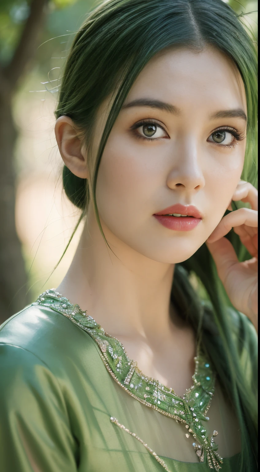 beautiful plant girl，Tree God，Green hair，There are branches and leaves on the head，Face is clear and delicate，(closeup of face)，((Bust photo))，wearing leaf clothes，The background is forest，tmasterpiece，illuminations