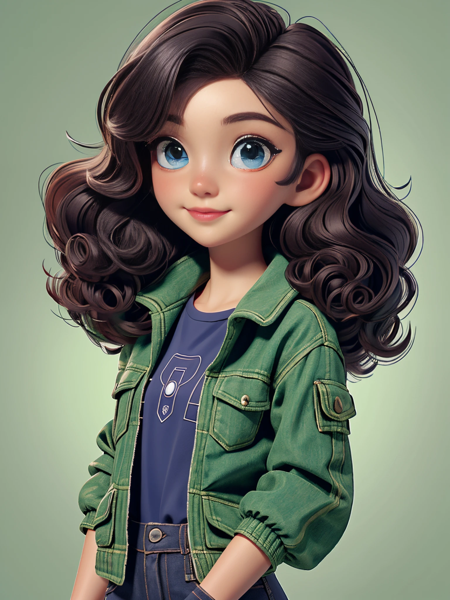 bit girl,curlies,eBlue eyes,wearing green jacket, Cute and detailed digital art,