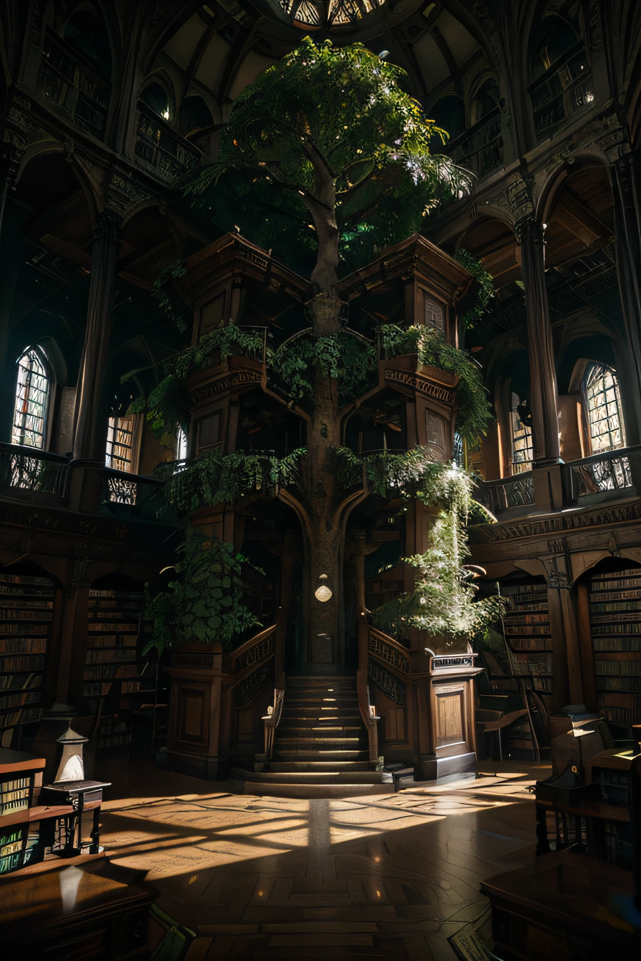 Tree of knowledge
Surrounded by spiraling  old library full vines
medium shot, cinematic interior photo of library beautiful giant tree growing in the middle of an ancient vast Victorian library indoors. With many birds

 Mystic and dream fantasy digital art, fantasy style art, fantasy hearthstone art style, fantasy game art by greg rutkowski, darksouls concept art, details, hyper-detailed, HD