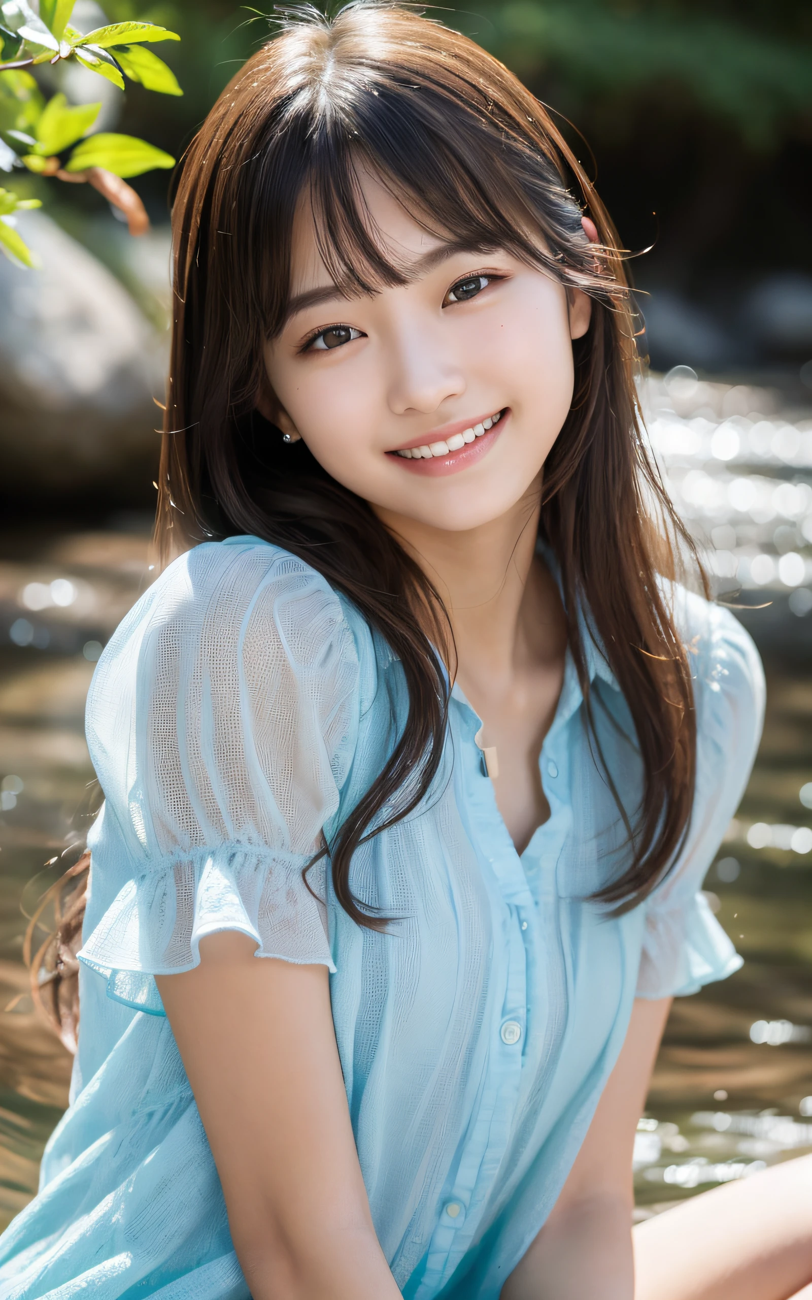 (Photo Real:1.4), (hyper realisitic:1.4), (Smooth lighting:1.05), 1 girl, (mournful smile:1.4), Mouth slightly open, Neat and clean beauty, 22 years old, Soft lighting, Back lighting, (cheerfulness:1.2), (Finest Real Textured Skins), Narrow-eyed, Super fine face, glowy skin, retinas, Anatomically correct, acurate, Super Detail, Textured skin, High quality, high details, Best Quality, High resolution,Morning forest with clear water flowing through it, Medium hair swaying in the wind, Bangs, Blouse