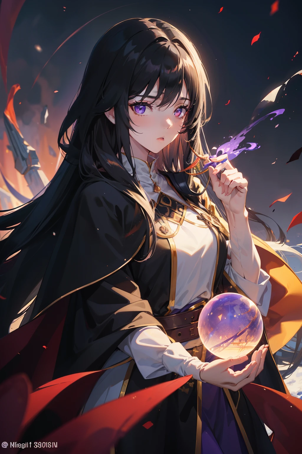 (best quality, high resolution), ultra-detailed, woman, young, 19 years old, long flowing black hair, snow-white skin, calm eyes, emotionless, glowing purple eyes, long black uniform, black cape with hood, fireball purple floating in hand. purple light background