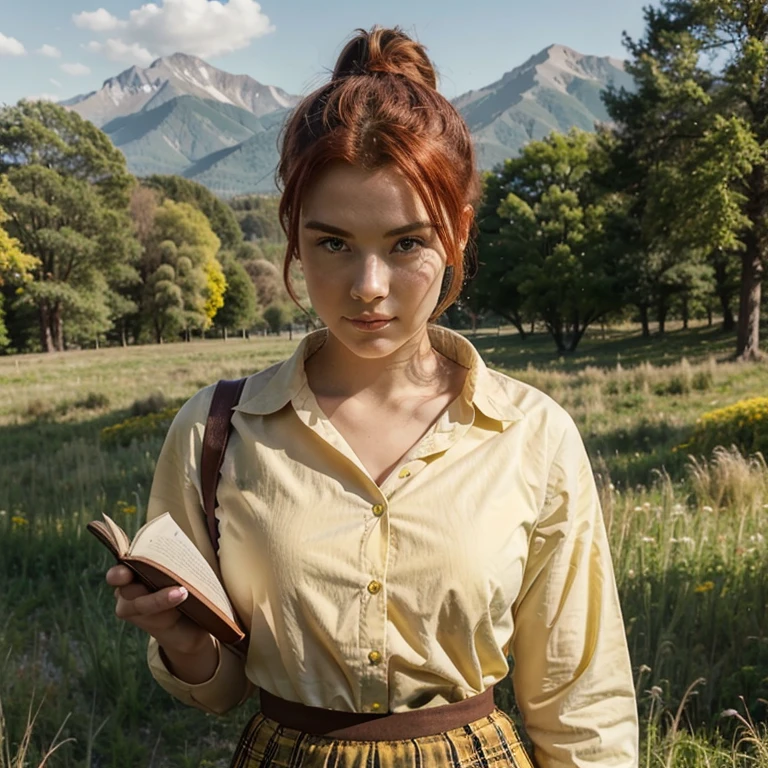 1girl, pretty face, 18 years old, red hair, hair in a bun, low bun, tight bun, hair very neat, yellow shirt, bright yellow button-down top, school girl brown skirt BREAK standing, holding book, open meadow, forest, mountains in background