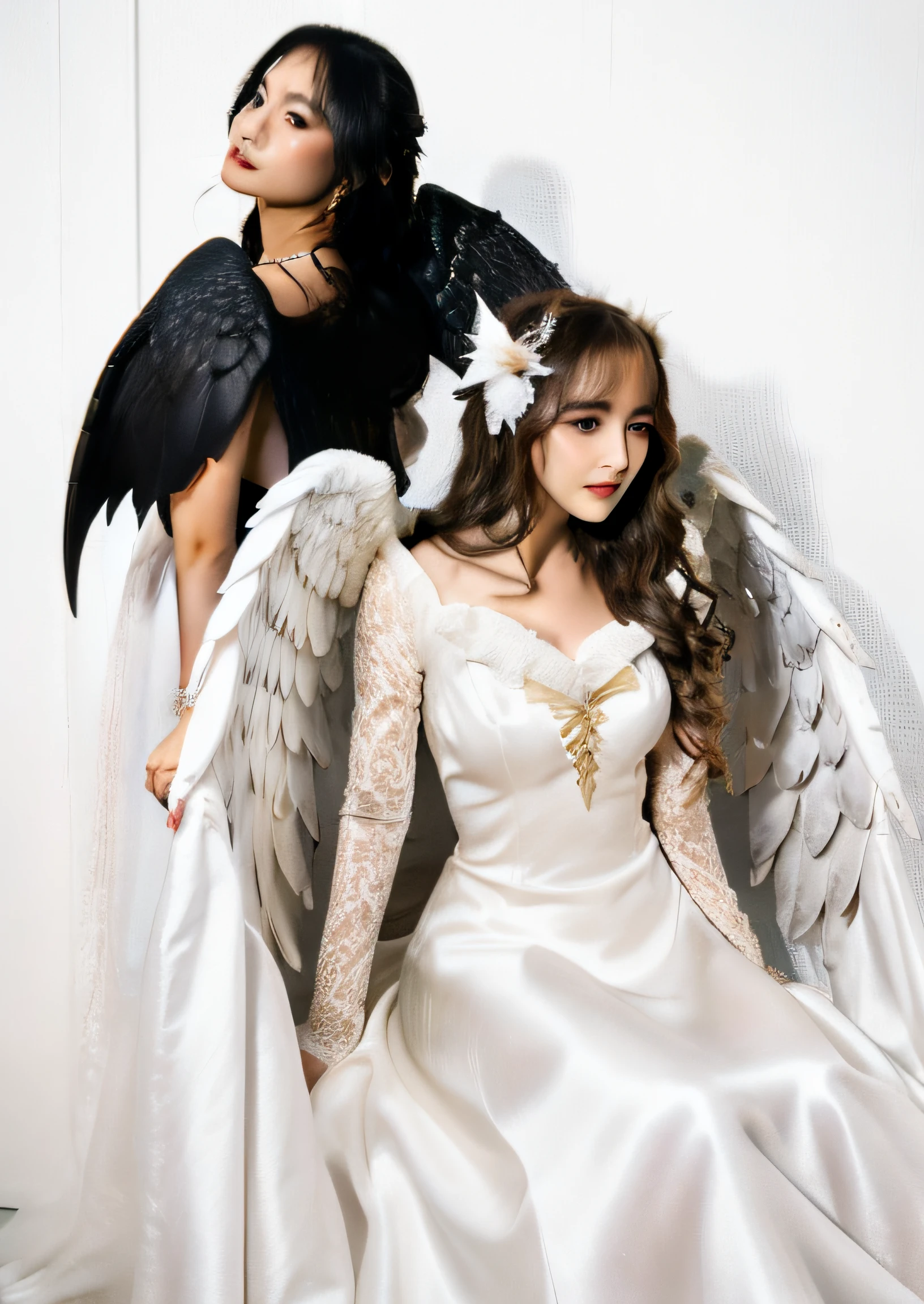 there is a drawing of a woman dressed as an angel and a man dressed as a vampire, angel versus devil, angelic and unsettling, fan art, angel watching demon, Fanart ", official fanart, detailed fanart, fallen angel, official fan art, devil versus angel, high quality fanart, fallen angels, with real wings, fanart, in anime style, by Marie Angel