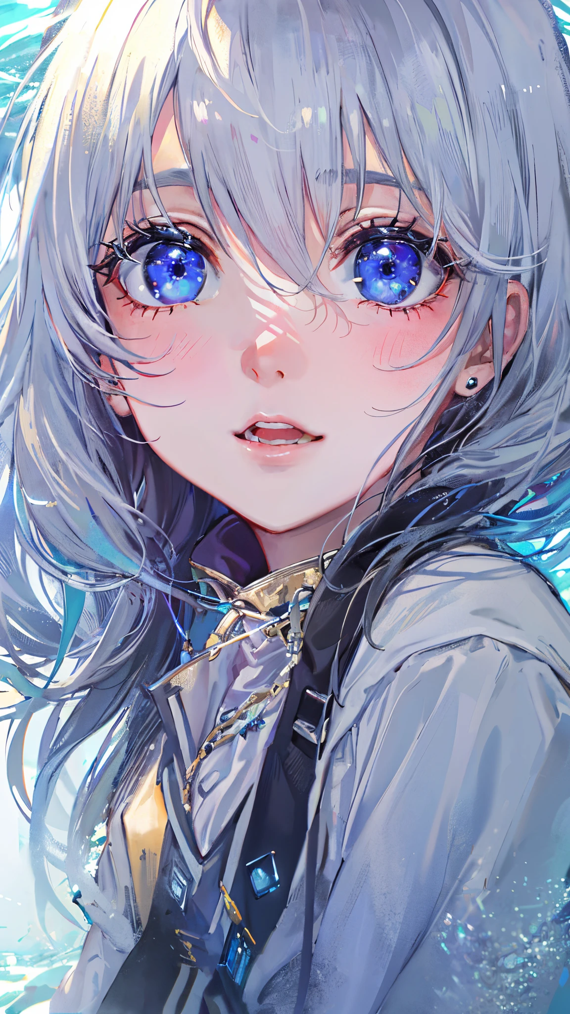 ((top-quality)), ((masterpiece)), ((ultra-detailliert)), (Extremely delicate and beautiful), girl with, 独奏, cold attitude,((Black jacket)),She is very(relax)with the(Settled down)Looks,depth of fields,Evil smile,Bubble, under the water, Air bubble,Underwater world bright light blue eyes,inner color with bright gray hair and light blue tips,,,,,,,,,,,,,,,,,,Cold background,Bob Hair - Linear Art, shortpants、knee high socks、White uniform like school uniform、Light blue ribbon ties、Clothes are sheer、Hands in pockets、Bright eyes like sapphire,Fronllesse Blue, A small blue light was floating、fantastic eyes、selfy,Self-shot,((Hurray Pose))
