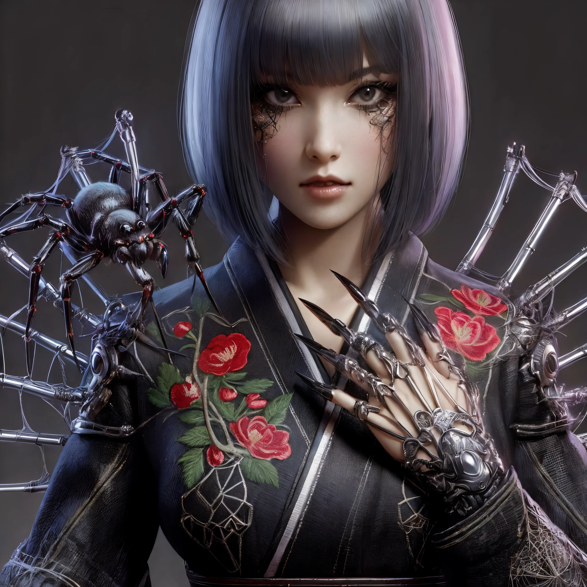 A woman wearing cyber-style Japanese clothes. She is embroidered with spider webs. Her big spider dangles. Armor nail.