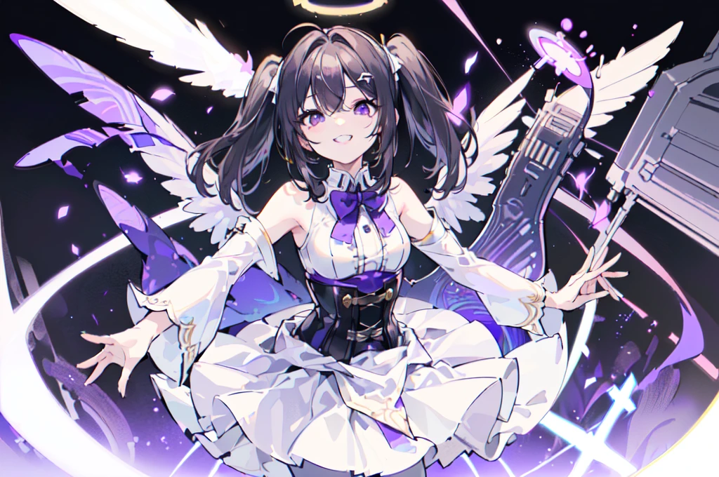 (solo, dynamic pose, bust up, flying, white skirt, white pantyhose black hair, twintails, white skirt, corset, halo, delicate face, , medium breast, round eyes, wing on the waist, purple eyes, god ray, smile with grin, happy:1.4)