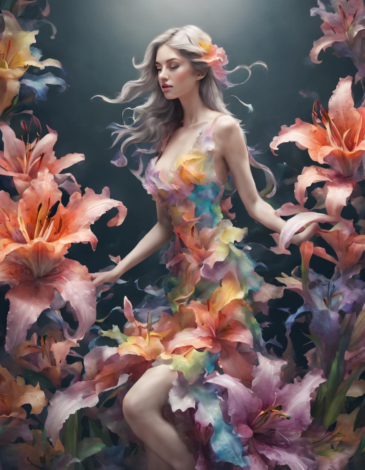 double contact,An explosion of rainbow-colored translucent lilies,(the lilies:1.37),Realistic female girl body,Rendered by Octane,unreal-engine,Rococo paper cutting,aquarelle,