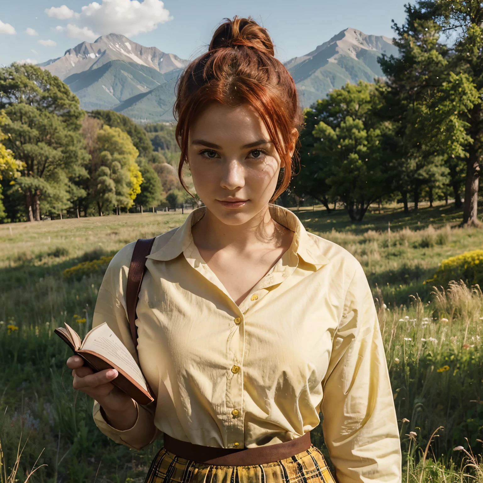 1girl, pretty face, 18 years old, red hair, hair in a bun, low bun, tight bun, hair very neat, yellow shirt, bright yellow button-down top, school girl brown skirt BREAK standing, holding book, open meadow, forest, mountains in background