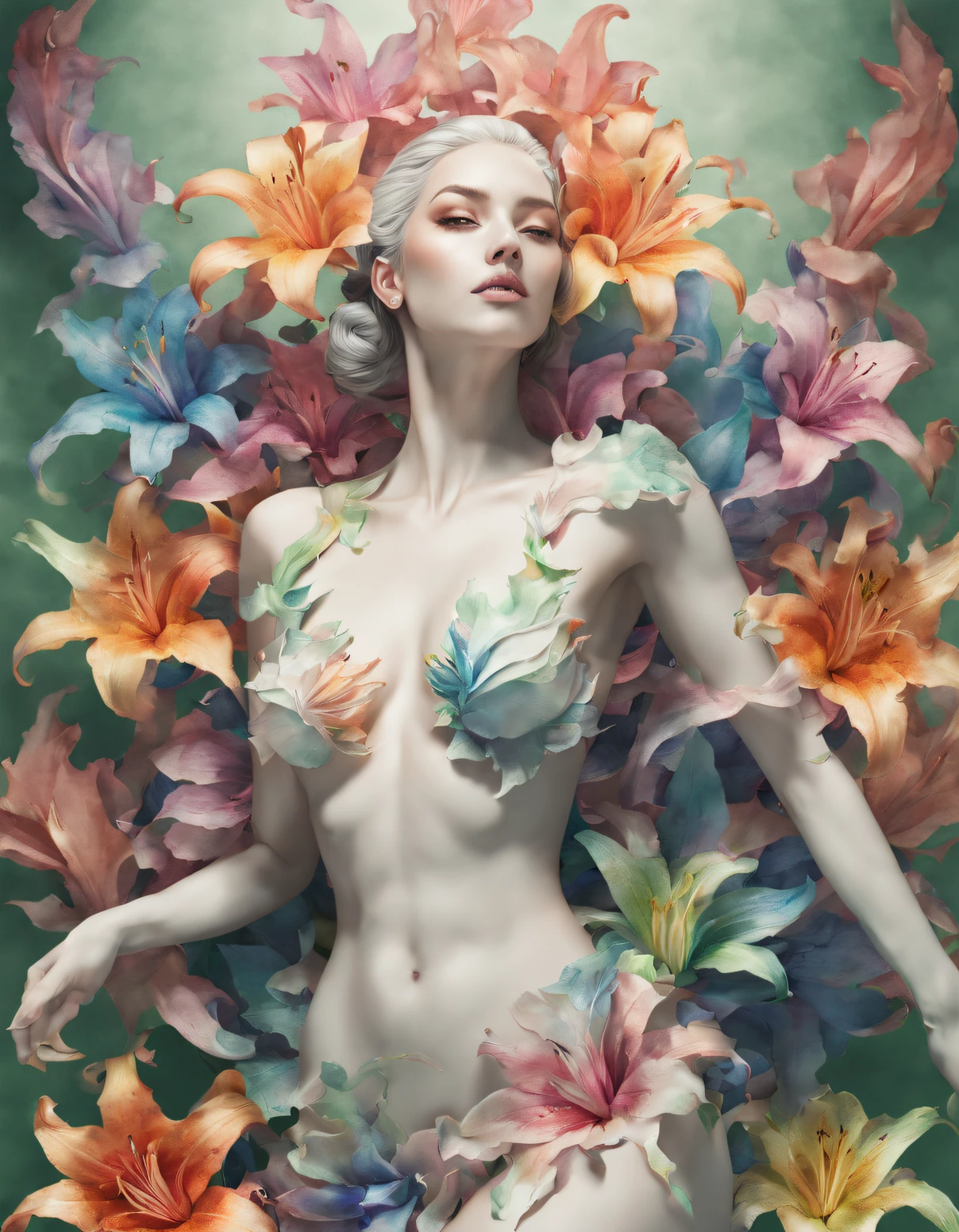 double contact,An explosion of rainbow-colored translucent lilies,realistic female body,Rendered by Octane,unreal-engine,Rococo paper cutting,green and white watercolor,